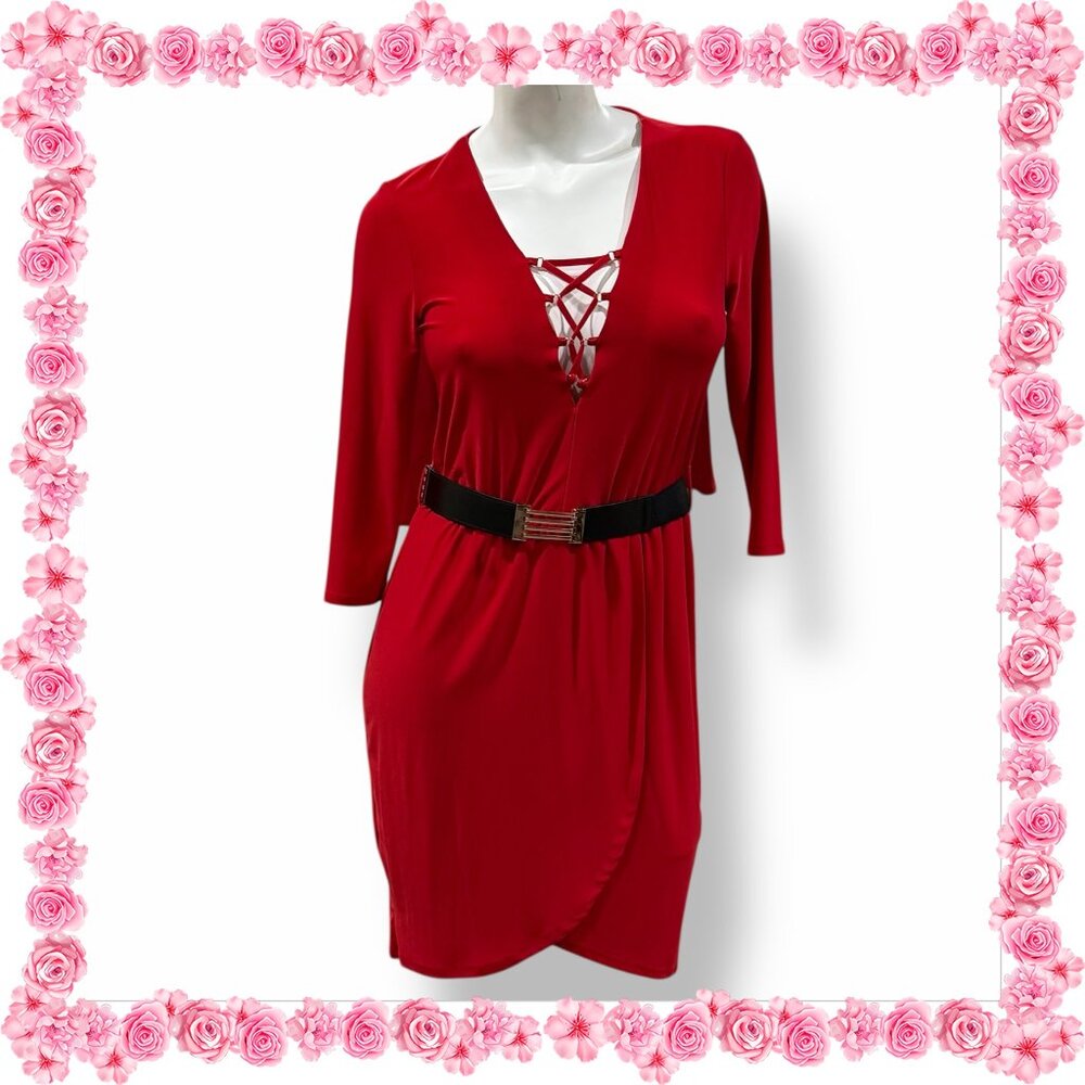 RIVER ISLAND - 3/4" Sleeve Faux Wrap Dress with Matching Elastic Belt - Size 10